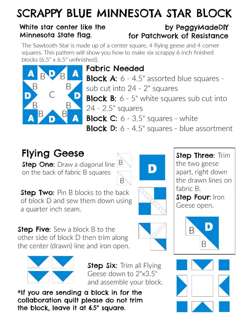 Instruction sheet for a scrappy blue Minnesota Star quilt block with fabric cutting guide and step by step flying geese construction diagrams.
